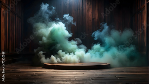 An antique wooden setting is enveloped in thick, colorful smoke, suggesting mystery and magic photo