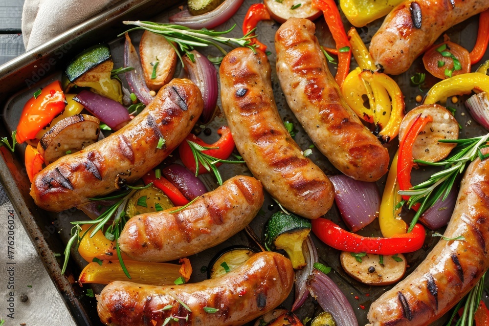 Baked sausage with vegetables on a baking sheet