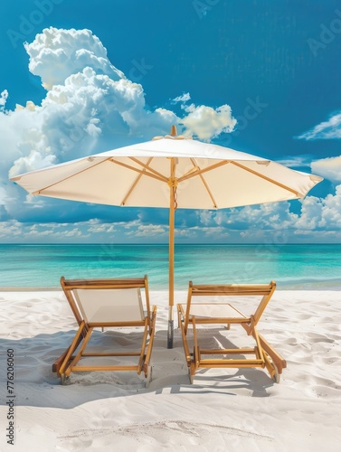 Beach chairs and umbrella on a white sandy beach.