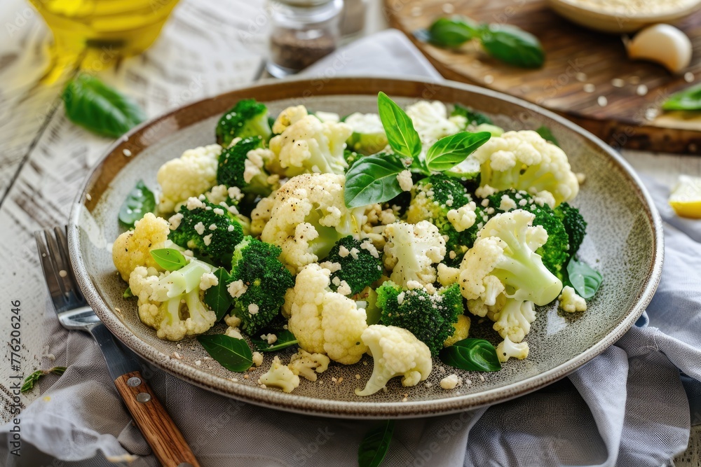Fresh broccoli and cauliflower salad with Tahini dressing on plate Fresh broccoli and cauliflower salad with Tahini dressing on plate