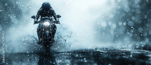 Motorcyclist riding a motorcycle on a wet road in the rain