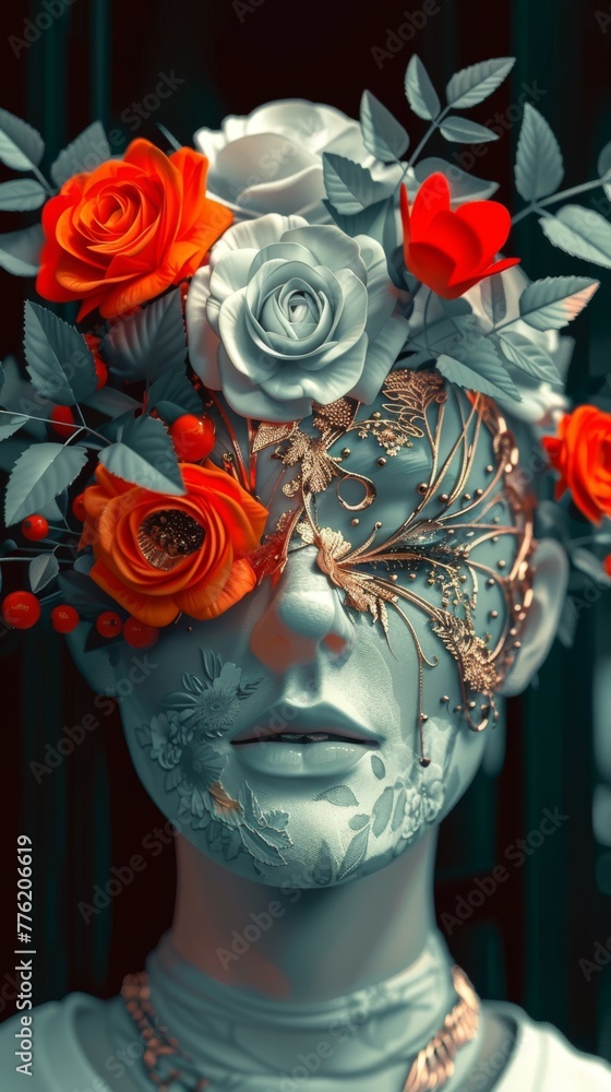 a woman's face with flowers and leaves on her face.