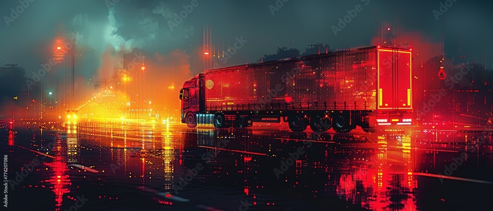 Truck with cargo on the road at night. Cargo transportation and logistics concept