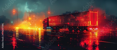 Truck with cargo on the road at night. Cargo transportation and logistics concept