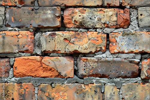 Worn brick wall with various textures and colors