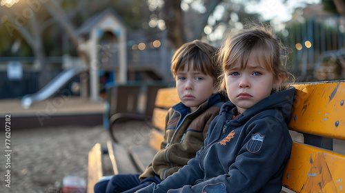 Unhappy Kids Gathered on Bench [created with generative AI technology] photo