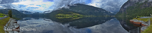 Village Nesheim at the lake Granvinsvatnet at the scenic route Hardanger in Norway, Europe 