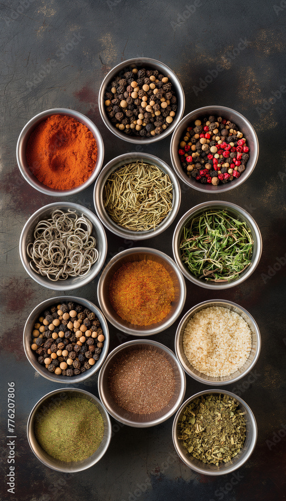 Assorted Spices in Metal Bowls on Rustic Background