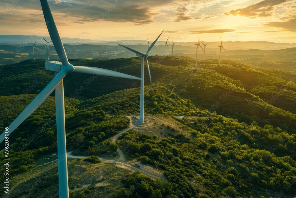 A panoramic view of wind turbines against the backdrop of an expansive landscape, illuminated by golden sunlight, symbolizing sustainable energy and environmental friendliness Generative AI