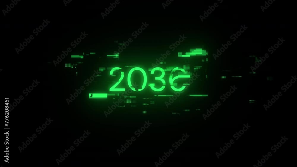 2036 text with screen effects of technological failures. Spectacular screen glitch with various kinds of interference. Looped