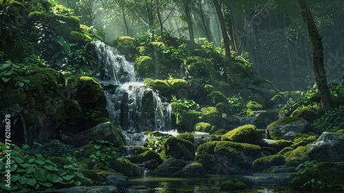 A hidden waterfall cascading down moss-covered rocks, its soothing sounds echoing through the tranquil forest.