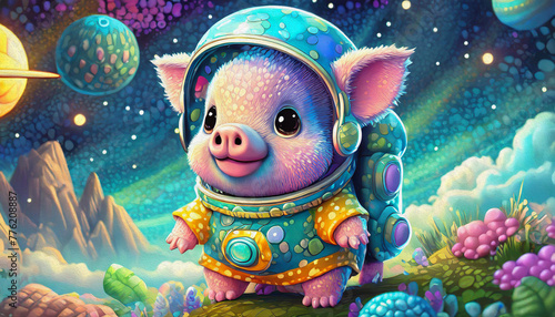  oil painting style cartoon character baby pig Astronaut adrift in Space