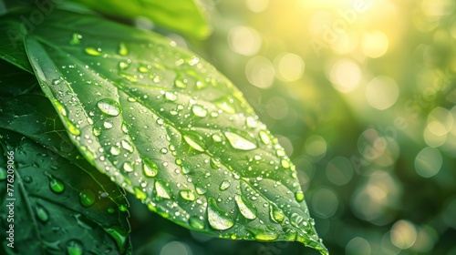 large raindrops on a green leaf generative ai