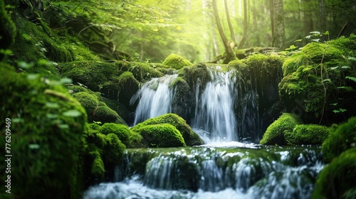 A hidden waterfall cascading down moss-covered rocks, its soothing sounds echoing through the tranquil forest.