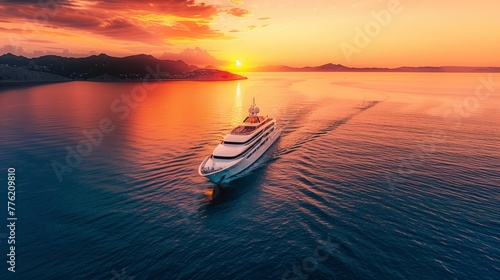 Luxury Yachting and Sea Views at Sunset. Portray the elegance and luxury of a summer cruise.