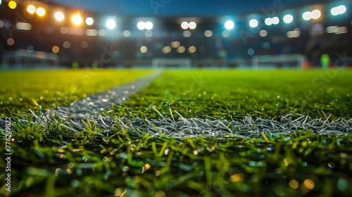 Grass field in a soccer stadium, spotlights shining on the field at night.