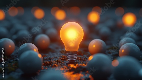 One illuminated light bulb stands out among numerous unlit bulbs against a dark backdrop. photo