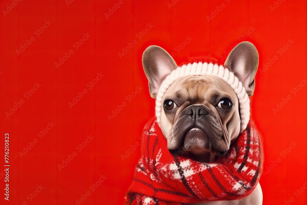 Cute French Bulldog in a Red Hat and Scarf on a Red Background with Space for Copy