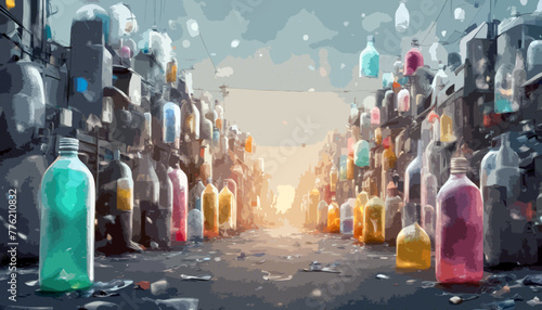 Eine Straße mit Plastikmüll zu beiden Seiten, Städte aus Müllbergen. Poster, Werbung, Tapete