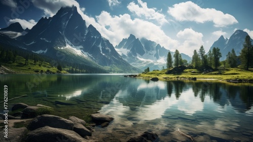 Picturesque lake with towering mountain peaks in scenic view