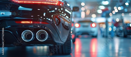 Close up of a car in a showroom, a detail shot of the back end with exhaust pipes and tail lights, a blurred background showing other cars. with copy space fr add text. photo