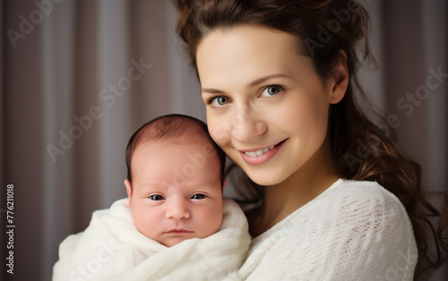 Portrait of pretty woman holding a newborn baby