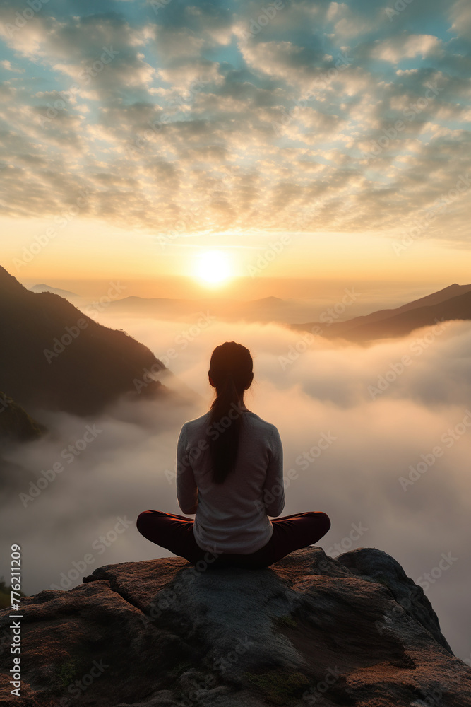 Woman sits yoga on a rock, mountains, sea of ​​clouds, at sunrise in the morning.