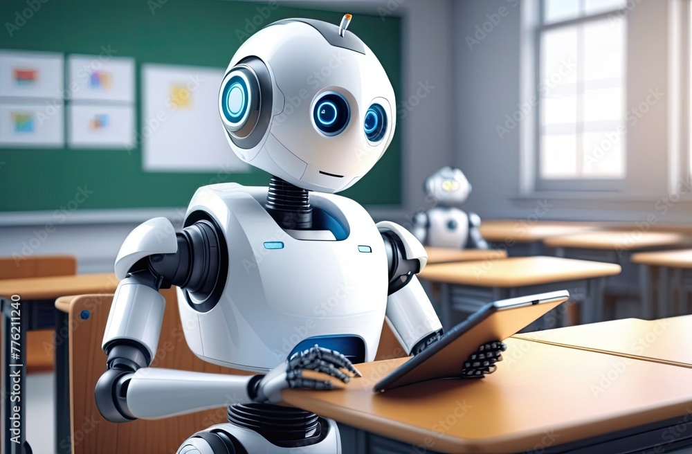 cute robot sitting at a desk at school, holding a tablet in his hands