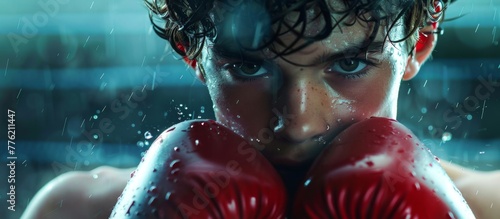 A man wearing boxing gloves in the rain photo