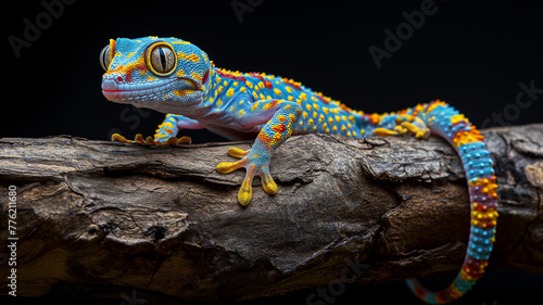 Colorful gecko lizard, gecko lizard on a thick tree branch, 100% black studio background