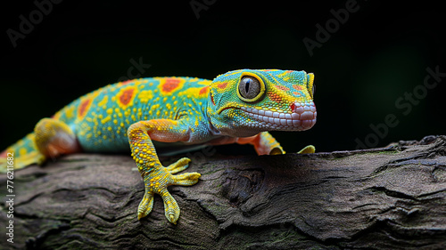 Colorful gecko lizard, gecko lizard on a thick tree branch, 100% black studio background photo