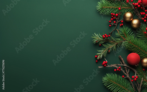 Christmas branches and decorations on warm green background