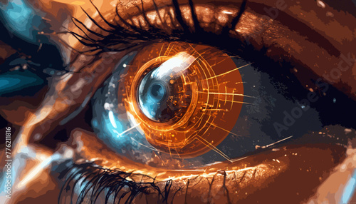 Ein Augapfel transformiert zu interaktiver, futuristischer Technologie. Weiterentwichlung menschlicher Organe mit ultramoderner Technologie.