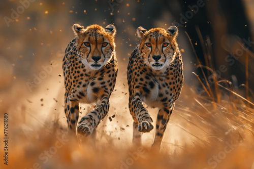 Cheetahs on the African continent running towards the camera at a very high speed