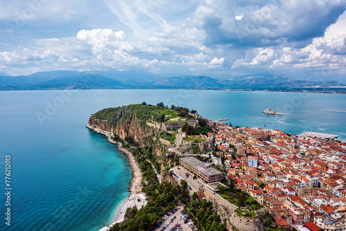 View from Palamidi on Nafplio city in Greece with port, Bourtzi fortress, and blue Mediterranean sea