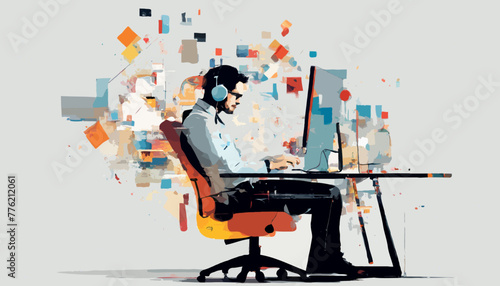 Ein Softwareentwickler sitzt an seinem Computer. Mit Kopfhörern ist er in die Arbeit vertieft. Vektor - Grafik