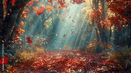 A magical forest scene adorned with vibrant autumn foliage, with sunlight filtering through the trees to create a warm and inviting atmosphere.