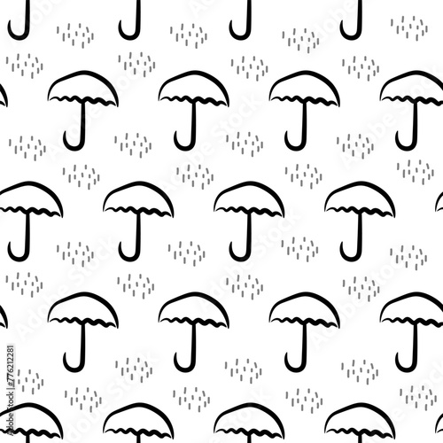 Hand drawn umbrellas and abstract raindrops in brick row seamless pattern. Black and white. Print, fabric, textile, web