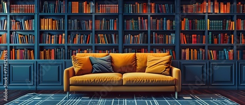 Library bookshelves filled with books cozy sofa for reading creating a bookish atmosphere in a bookstore. Concept Bookstore Ambiance, Cozy Reading Nooks, Library Aesthetics, Bookshelves Galore © Ян Заболотний