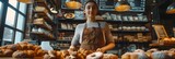 Young girl businesswoman baker in her bakery store, small business, banner