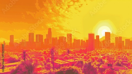 Cartoon animation of a thermal imaging view of a city during a heatwave