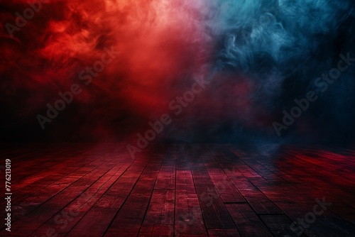Intense red and blue smoke swirl together against a moody, ominous background