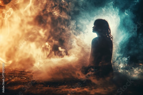 A haunting image capturing a woman's silhouette against a dramatic backdrop of billowing smoke and fierce flames invoking thoughts of danger and survival