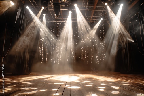 An empty stage with theatrical lights and fog creating a spectacular atmosphere for a dramatic effect photo