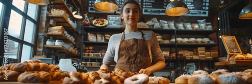Young girl businesswoman baker in her bakery store, small business, banner