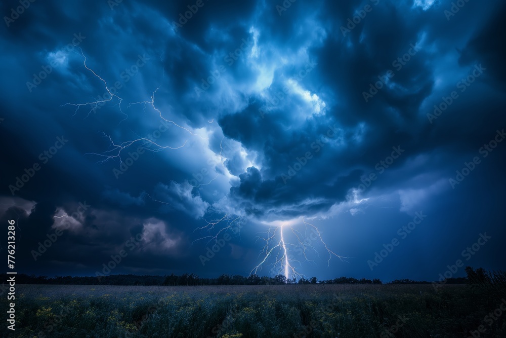 A hauntingly beautiful lightning bolt strikes a field under a tumultuous cloud-filled sky, showcasing nature's fury A hauntingly beautiful lightning bolt strikes a field under a tumultuous cloud-filled sky, showcasing nature's fury