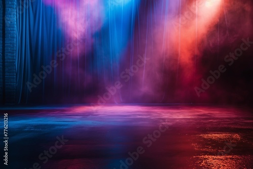 A mystical display of bursting light beams and a colorful fog on an empty stage setting