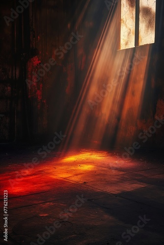 Vivid rays of sunlight beam through a grungy window onto a textured industrial floor