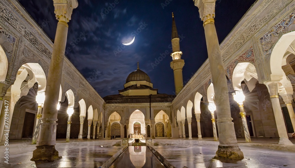 Fototapeta premium A mosque courtyard with marble pillars, a fountain, and intricate architectural details is illuminated by a crescent moon in the night sky. Ramadan Day. Ai, Ai Generated