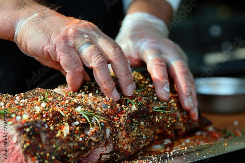 A close-up of a chefs hands massaging a dry rub into a beef roast before slow cooking